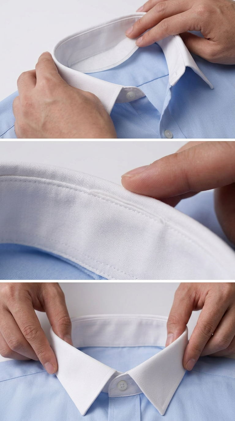 Tríptico de primeros planos colocando la almohadilla anti-sudor en el cuello de una camisa