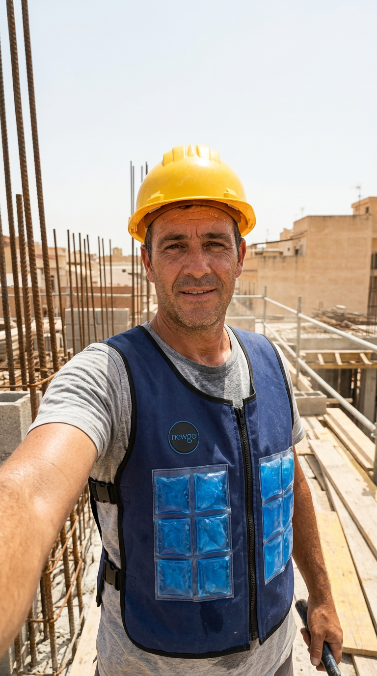 Selfie de un obrero con casco y chaleco refrigerante en una obra soleada