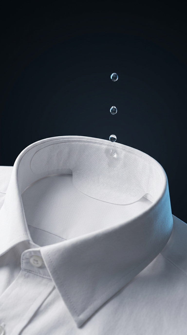 Primer plano del cuello de una camisa blanca con la almohadilla anti-sudor instalada