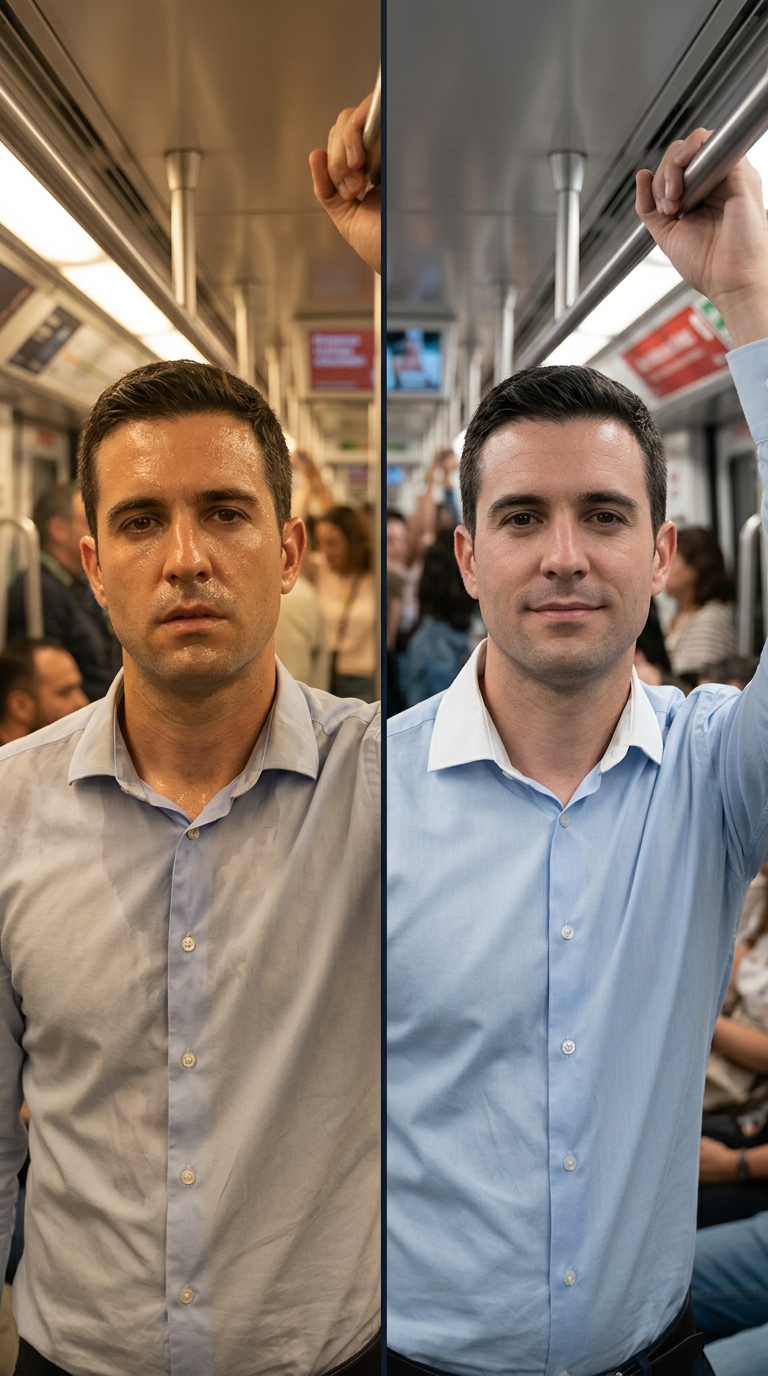 Creatividad comparativa: hombre empapado en sudor frente al mismo con la camisa seca