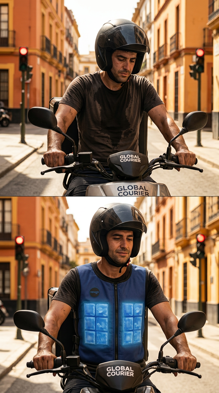 Creatividad comparativa: mensajero con camiseta empapada frente al mismo con chaleco refrigerante