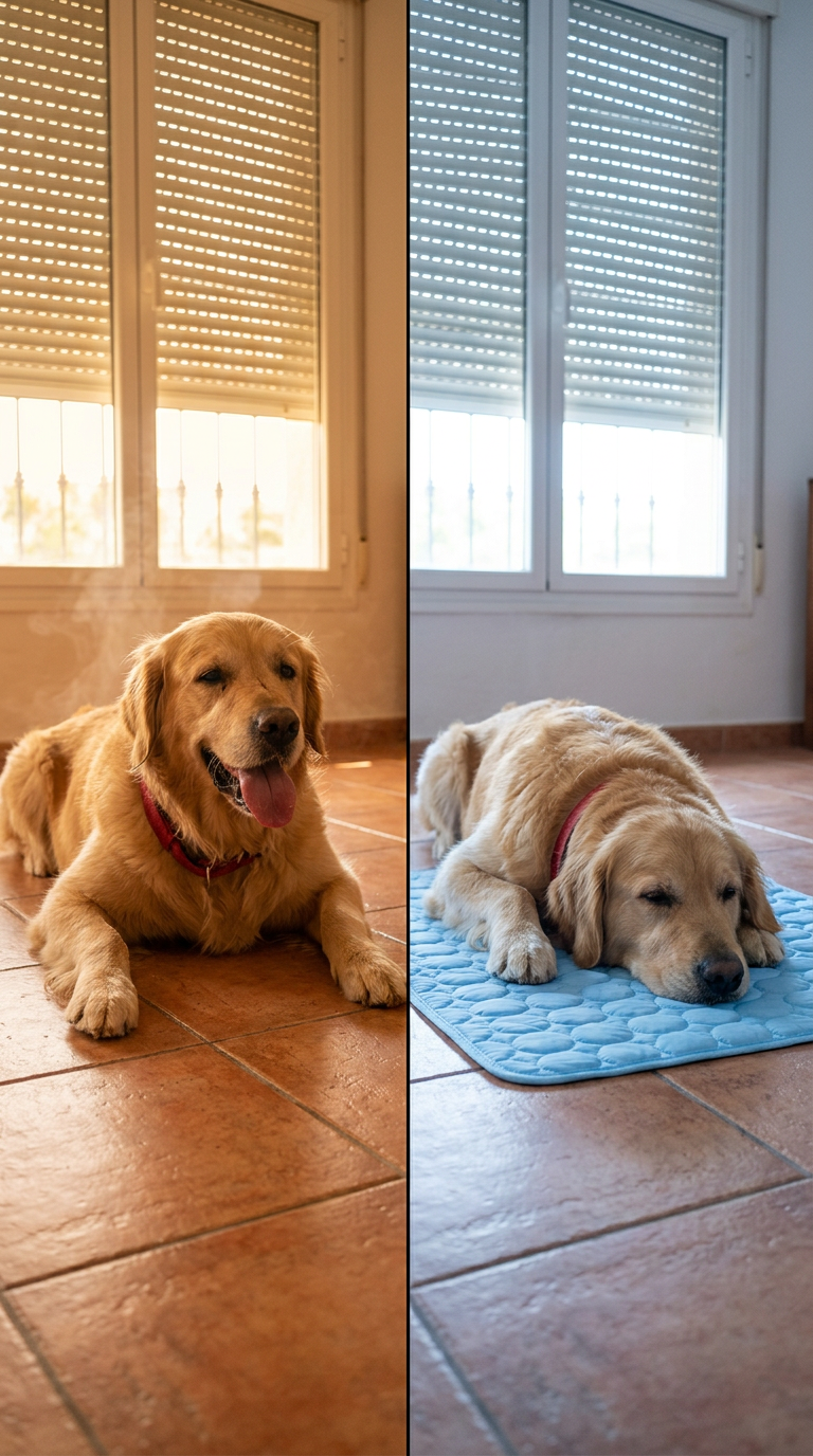 Creatividad comparativa: perro jadeando por el calor frente al mismo dormido sobre la alfombrilla refrescante