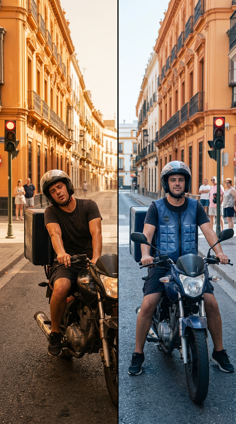 Creatividad comparativa: repartidor con calor frente a repartidor fresco con el chaleco puesto