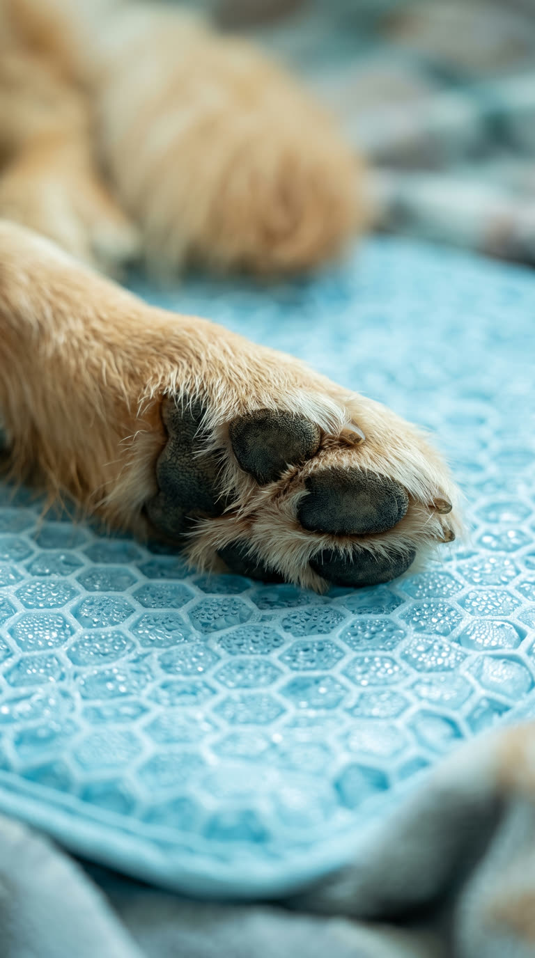 Primer plano de una pata de perro sobre la superficie de gel con gotas de condensación de la alfombrilla